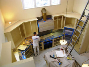 birds eye view of cabinetry painting | kitchen cabinetry painting in progess | Cabinet Kitchen Refinishing Painting Kalamazoo, MI | Van Tuinen Painting