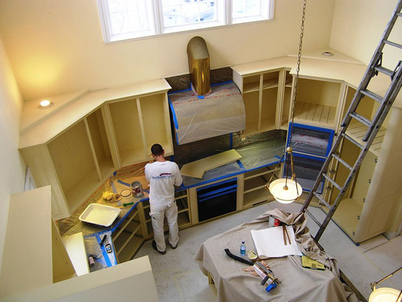 birds eye view of cabinetry painting | kitchen cabinetry painting in progess | Cabinet Kitchen Refinishing Painting Kalamazoo, MI | Van Tuinen Painting
