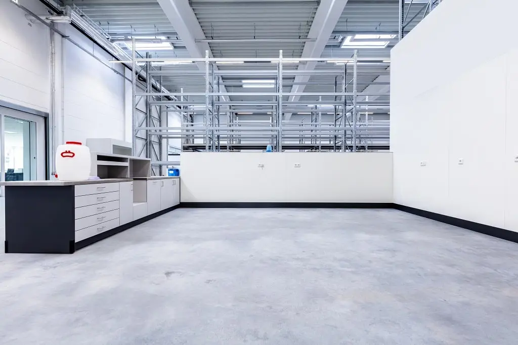 A warehouse office in an industrial hall.