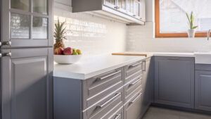 Up-to-date design of cooking space with grey units