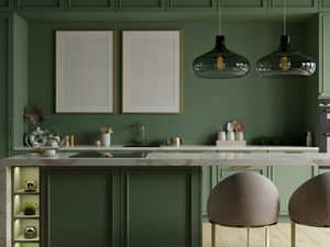 Mockup poster frame in kitchen interior and accessories on dark green wall- 3D rendering