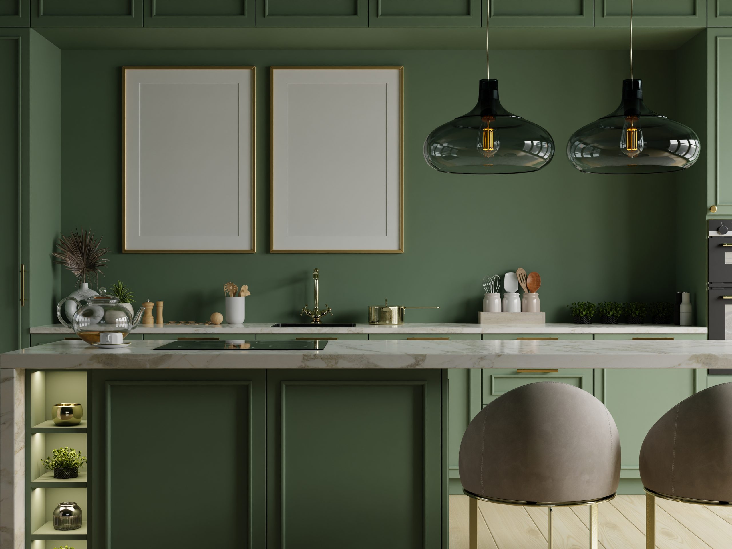 Mockup poster frame in kitchen interior and accessories on dark green wall- 3D rendering