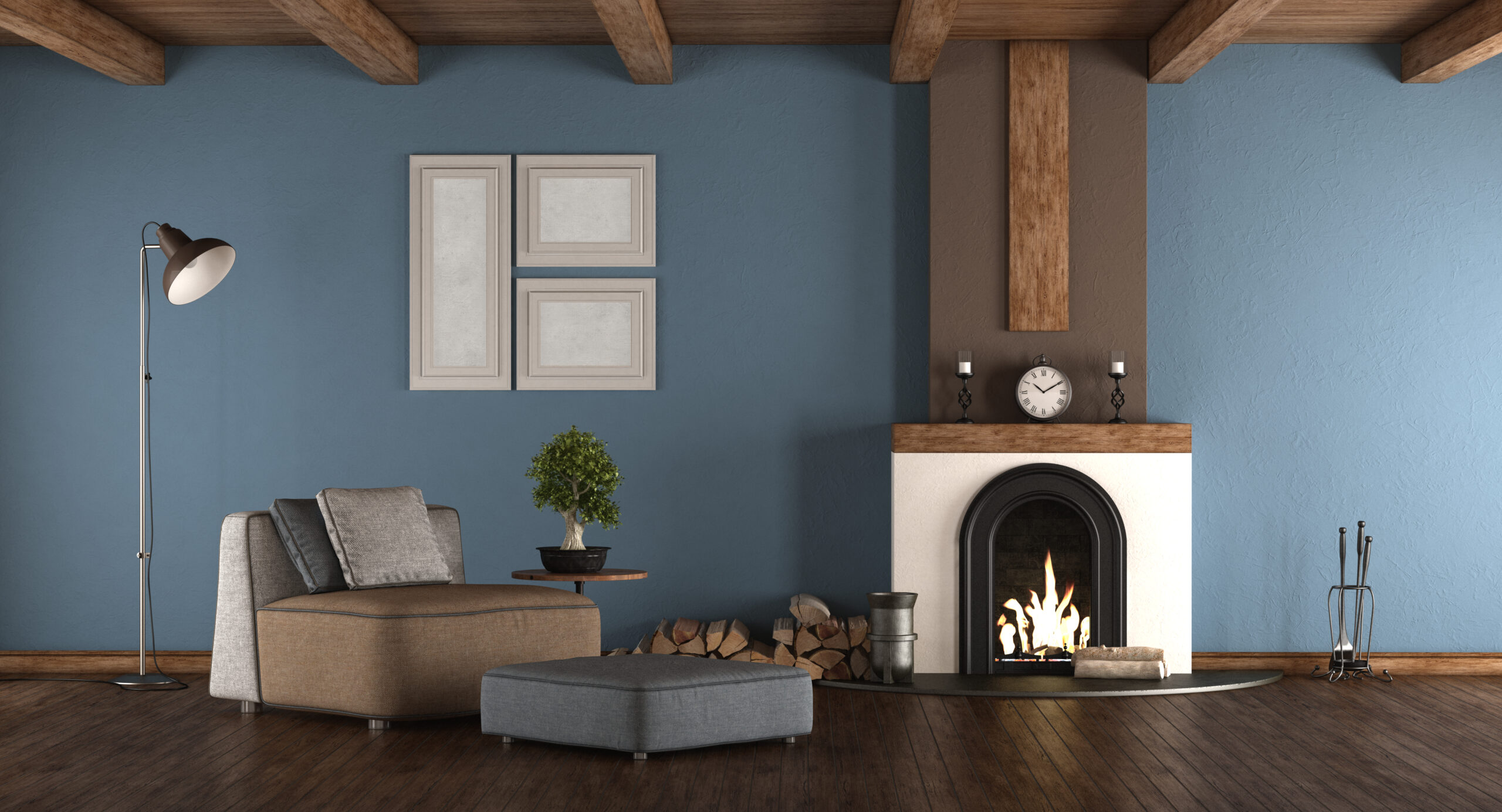 Blue and brown living room with fireplace and armchairs
